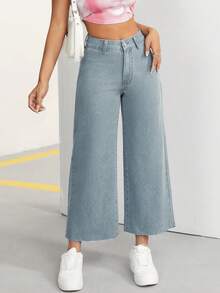SHEIN PETITE Women's Spring/Summer Cropped Wide-Leg Jeans ,Petite Women - Dusty Blue - View 4