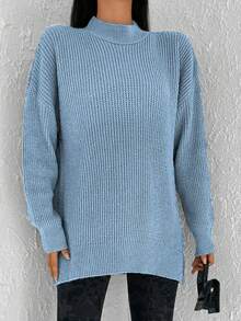 SHEIN Cottnline Women'S Stand Collar Drop Shoulder Sweater - Baby Blue - View 3