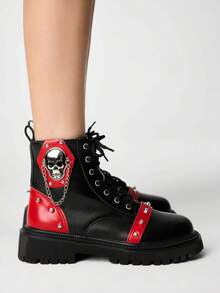 ROMWE Grunge Punk Women's Retro Platform Ankle Boots, Metal Rivet Punk Style, Skull Chain Design, 5cm Thick Sole, Zipper, Daily Wear, Black For Christmas Y2K - red and black - View 5