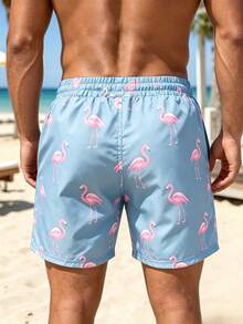 Manfinity KASUA Men's Flamingo Print Drawstring Waist Casual Beach Shorts - 霧霾藍 - 查看 2