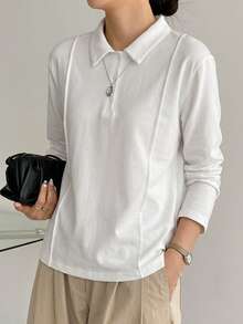 Dazy-Less Women's Solid Color Polo Collar Long Sleeve Casual T-Shirt - White - View 5