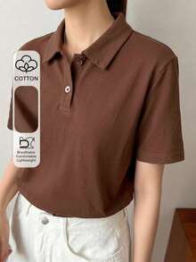 Dazy-Less Women's Loose Casual Polo Collar Short Sleeve Button-Up Coffee Brown Solid Color 100% Cotton T-Shirt - Coffee Brown - View 7