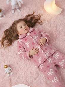 Genkimix Kids 女童抓絨蝴蝶結愛心圖案翻領秋冬開襟衫與長褲睡衣套裝，粉色長袖鈕扣 2 件組，柔軟舒適可愛居家服 - 藕粉色 - 查看 7