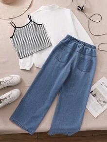 SHEIN 3件組女童春秋純色長袖上衣 + 條紋細肩帶背心 + 牛仔長褲，寬鬆淺藍牛仔褲，甜美休閒日常穿搭套裝 - 白色 - 查看 2