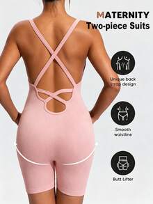 SHEIN Maternity Solid Color Camisole Style Athletic Romper - Pink - View 5