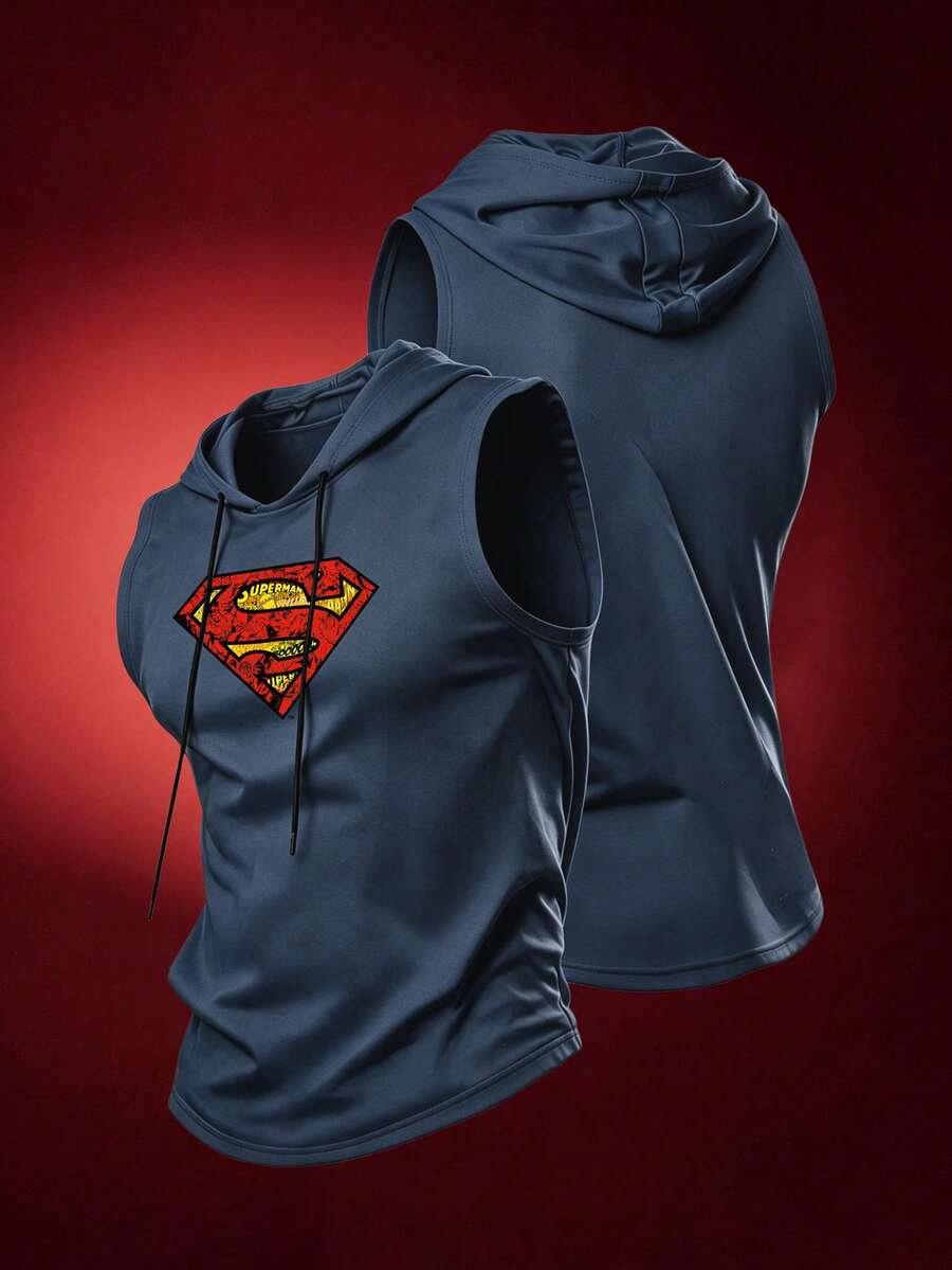 SUPERMAN X SHEIN RISE LYT Men's Geometric Print Drawstring Hooded Sports Tank Top - Dark Grey - View 1