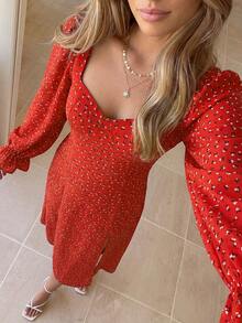KARISMINA Women's Red Midi Dress Puff Sleeve Printed Cinched Waist Pleated Banquet Reception Banquet Celebration Festive Charming Attractive Appealing Holiday - Red - View 6