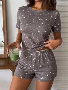 DAZY Ditsy Floral T-Shirt Short Sleeve Fitted Pajama Set - Rust Brown - View 5