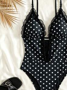 Bonvoyette Spring/Summer Brown Polka Dot Random Print Deep V Spaghetti Strap Beaded Trim Ruffle Mesh Edge Casual Cute Beach Bikini One-Piece Swimsuit For Women - Multicolor - View 4