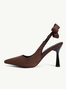 CUCCOO CHICEST Four Seasons Coffee Brown Imitation Suede Backspace High Heels Women's, French Style Elegant Comfortable Simple Party Dinner Bow Pointed Toe Shallow - Coffee brown velvet - View 5