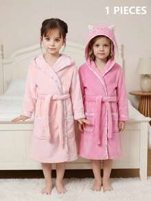SHEIN Jubah Mandi/Pakaian Santai Anak Perempuan Motif Kelinci Lucu Bordir Bunga Merah Muda Flanel Musim Gugur Musim Dingin Kasual Gaya Putri Peri Pakaian Tidur Lembut dan Nyaman - Coral Pink - View 9