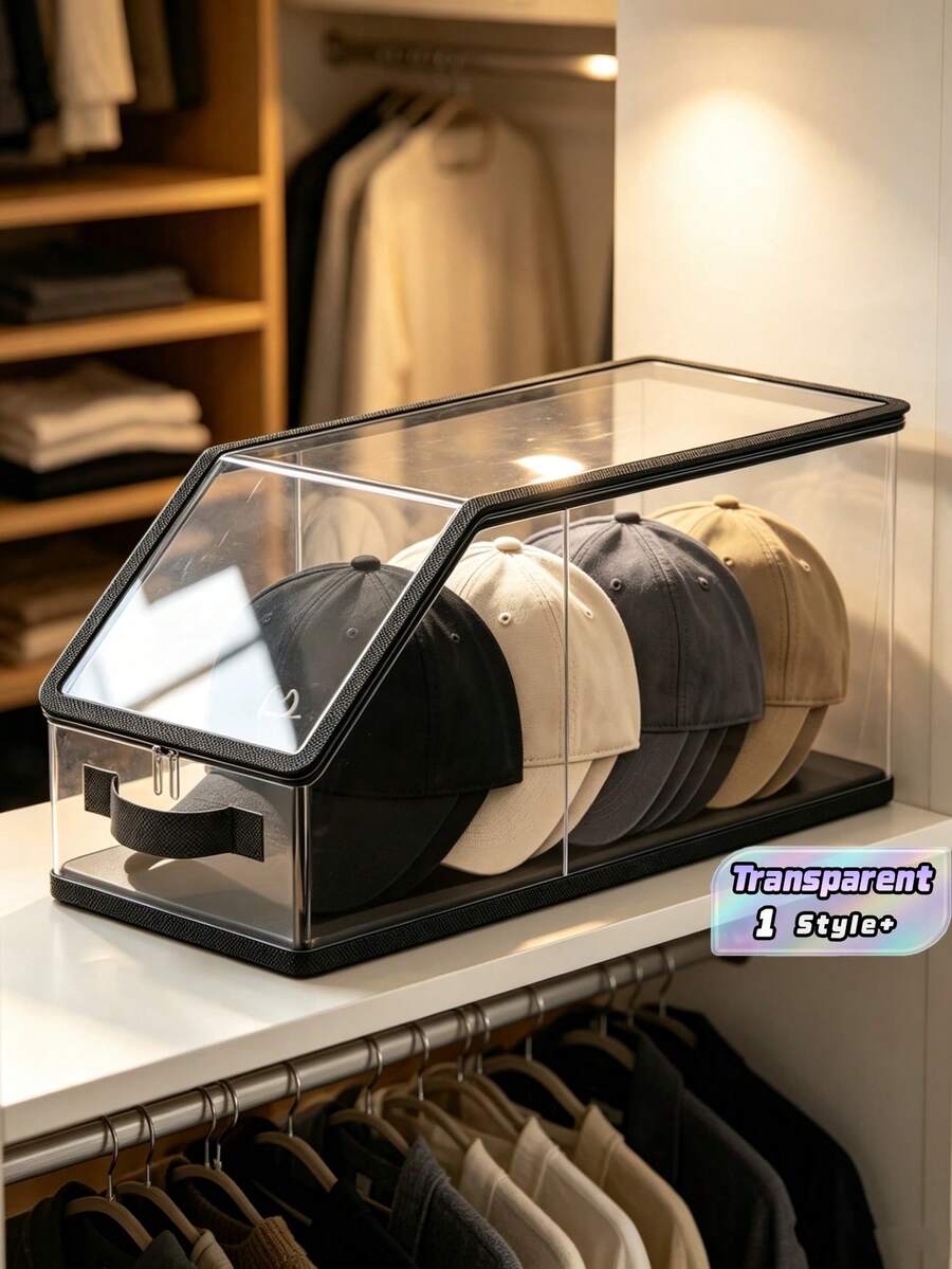 1PC 12 Cap Stackable Clear Plastic Baseball Hat Organizer Display Box With Cardboard Insert Dustproof Closet Storage For Men Dad Fathers Day Christmas Birthday Gift Home Organization Must Haves - transparent - View 1