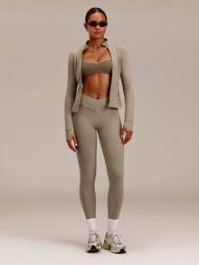 GLOWMODE FeatherFit™ Slim-It Streamline Performance Secure Pockets Zip Up Long Sleeve Jacket Low Impact Yoga Pilates Daily Spring Summer - Khaki - View 7