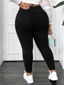CurvyTilda Plus Size Women's Ripped Slim Fit Jeans Casual Vacation - Black - View 3