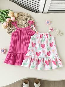 SHEIN Playful Pals 2件組夏季女童洋裝，蝴蝶結肩帶純色與花卉印花洋裝套裝，適合休閒日常穿著，女童專屬 - 彩色 - 查看 2