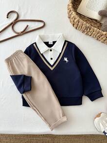 LMoss Kids Baby Boy Autumn/Winter School Style Back-To-School Season Turn-Down Collar 2 In 1 Colorblock Half-Button Front Top Casual Versatile Long Pants Set - Blue - View 4