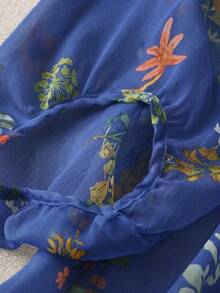 Linhara Vintage V-Neck Lantern Sleeve Loose Casual Plus Size Women Blouse - Navy Blue - View 4