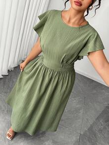 Elenzga Plus Size Elegant Romantic Elegant Round Neck Ruffle Sleeve Side Ruched Fitted Dress - Green - View 5