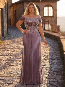 Aureia Elegantes, luxuriöses Meerjungfrauenkleid in Große Größen, lila, mit offenen Schultern, Perlen, Pailletten, Bubble-Perlen, Stickerei und Quasten, sexy hängende Ärmel, für Hochzeit und Abendessen - Mauve - Übersicht 6