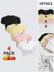 SHEIN BASICS 4件組休閒素色針織圓領短袖修身短版女款T恤夏季上衣 - 彩色 - 查看 3