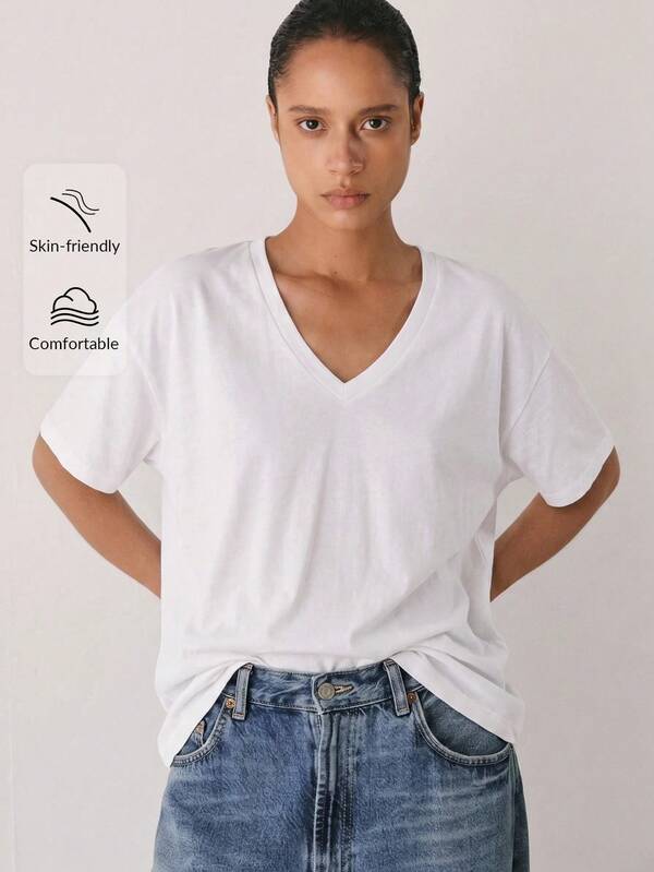 YARNWELL Women's 100% Cotton V-Neck T-Shirt – Soft Breathable Everyday Essential, Versatile For Daily, Work, Beach & Vacation
