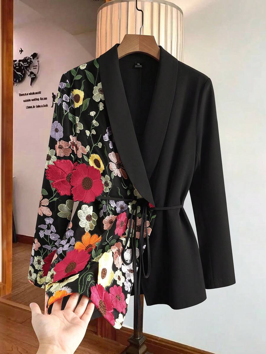 Reflora Plus Size Women's Floral Embroidered Shawl Collar Long Sleeve Elegant Blazer - Black - View 1