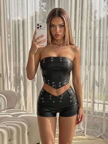 SHEIN ICON Women Y2k Black And Silver Leather Strapless Crop Top And Low-Waist Shorts Set,Summer Techno Concert Rave Music Festival Party Club Outfits - Black - View 1
