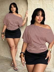 Rustia Plus Size Women's Asymmetrical Shoulder Striped T-Shirt, Casual And Comfortable - Pink - View 1
