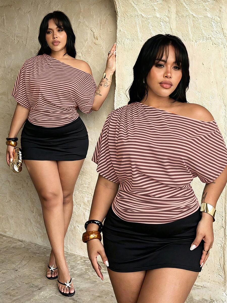 Rustia Plus Size Women's Asymmetrical Shoulder Striped T-Shirt, Casual And Comfortable - Pink - View 1