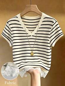 SHEIN Franclia Women's Spring/Summer New V-Neck Black And White Striped Lace Trim Knit Top, Lace Patchwork Short Sleeve Knit Top, Suitable For Vacation, Commute, Summer Holiday, Beach Wear, Elegant Style, Casual Top And Black And White Top. Fashion Casual, Business Office Wear, Versatile And Stylish Daily Casual, Urban Teacher Professional Wear - Multicolor - View 1