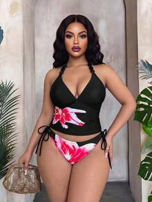 Slaydiva Conjunto de tankini con estampado floral de halter para vacaciones de verano de talla grande - Negro - Ver 6