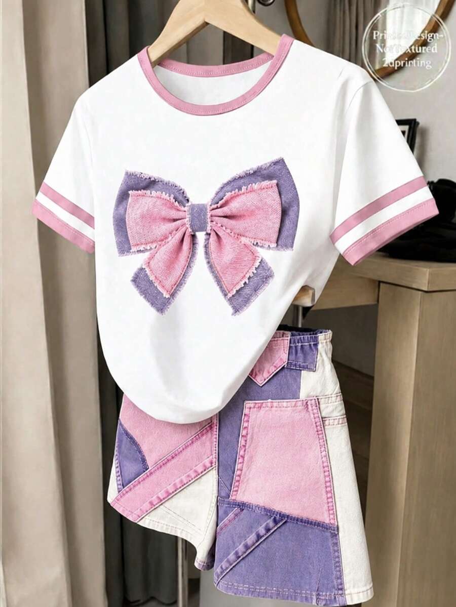 青少年女孩休閒極簡短袖上衣與短褲卡通圖案兩件套，適合夏季 - 彩色 - 查看 1