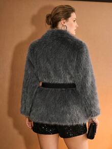 MOTF PREMIUM PLUS SIZE WOMEN'S FAUX FUR & LEATHER PATCHWORK BELTED COAT, AUTUMN/WINTER - Dark Grey - View 7