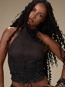 MUSERA Black Mesh Snake Print Halter Top With Ruched Lace-Up Top - Multicolor - View 2