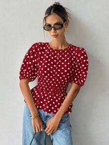 Ritzy Row 女款春夏時尚舒適休閒通勤圓領波點印花優雅收腰花瓣袖襯衫 - 紅色 - 查看 6