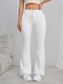 SHEIN Tall Women's Flared Daily Casual Jeans With Pockets,White Leggings, Flared Pants, Christmas, Valentine's Day, New Year, New White Jeans, Tall Women - White - View 5