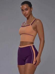 Musera Sport 双层撞色直领拼接修身运动背心吊带衫，单穿上衣，适合健身房、运动、普拉提、跑步等场合，可爱又少女，日常百搭。 - 橘色 - 查看 5