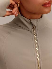 GLOWMODE FeatherFit™ Slim-It Streamline Performance Secure Pockets Zip Up Long Sleeve Jacket Low Impact Yoga Pilates Daily Spring Summer - Khaki - View 4