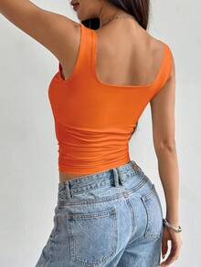 Flirla Solid Color Pleated Square Neck Casual Fitted Tank Top, Summer - Orange - View 2