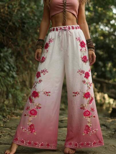 Selamara New Women's Bohemian Casual Loose Slimming Vintage Pastoral Gradient Print Wide Leg Pants
