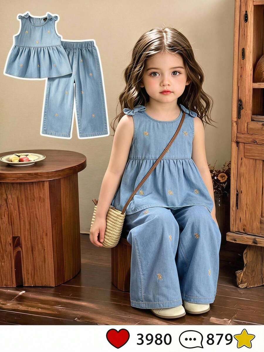 SHEIN Vintaside Kids 2件組女孩天藍色優雅花卉刺繡牛仔細肩帶背心與寬鬆長褲，輕盈柔軟棉質兒童夏季兩件套套裝
