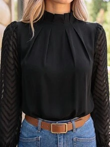 Coeurva Frilled Neck Flounce Sleeve Blouse,Long Sleeve Tops Winter Elegant Black Black Spring - Black - View 6