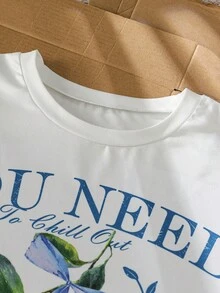 SHEIN 青少年女孩字母與檸檬印花短袖T恤與長褲休閒日常套裝 - 藍色 - 查看 5