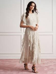 BELROSIE Elegant Women's Summer Wedding Garden Party Tea Party Dress, White And Black Polka Dot Contrast Color, Asymmetrical Hand-Painted Chiffon Cinched Waist - Apricot - View 6