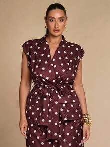 SHEIN BAE CURVE Plus Size Women's Business Polka Dot Tie-Up Jacket And Loose Long Pants Suit Set - Multicolor - View 8