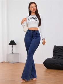 SHEIN Tall 女款休閒水洗修身喇叭牛仔褲，適合高個女性 - 深色水洗藍 - 查看 6