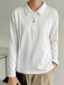 Dazy-Less Women's Solid Color Polo Collar Long Sleeve Casual T-Shirt - White - View 6
