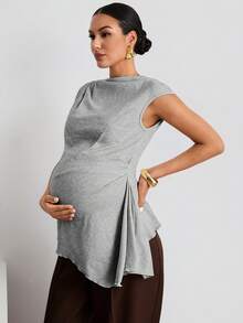 MaterniWear Maternity Solid Color Boat Neck Cap Sleeve Asymmetric Hem Casual Maternity Maternity T-Shirt Summer Photoshoot Photoshoot - Grey - View 4