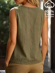 Zayélia Women's Solid Color V-Neck Button Design Casual Basic Tank Top Everyday Travel Olive Green Summer - Army Green - View 2