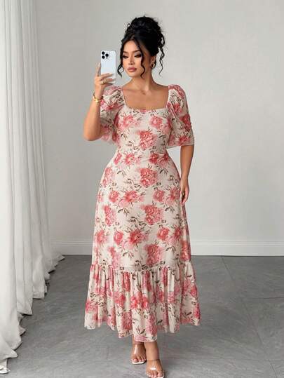 Elenzga Plus Size Women's Elegant Floral Print Mesh Ruffle Square Neck Long Pink Summer Dress